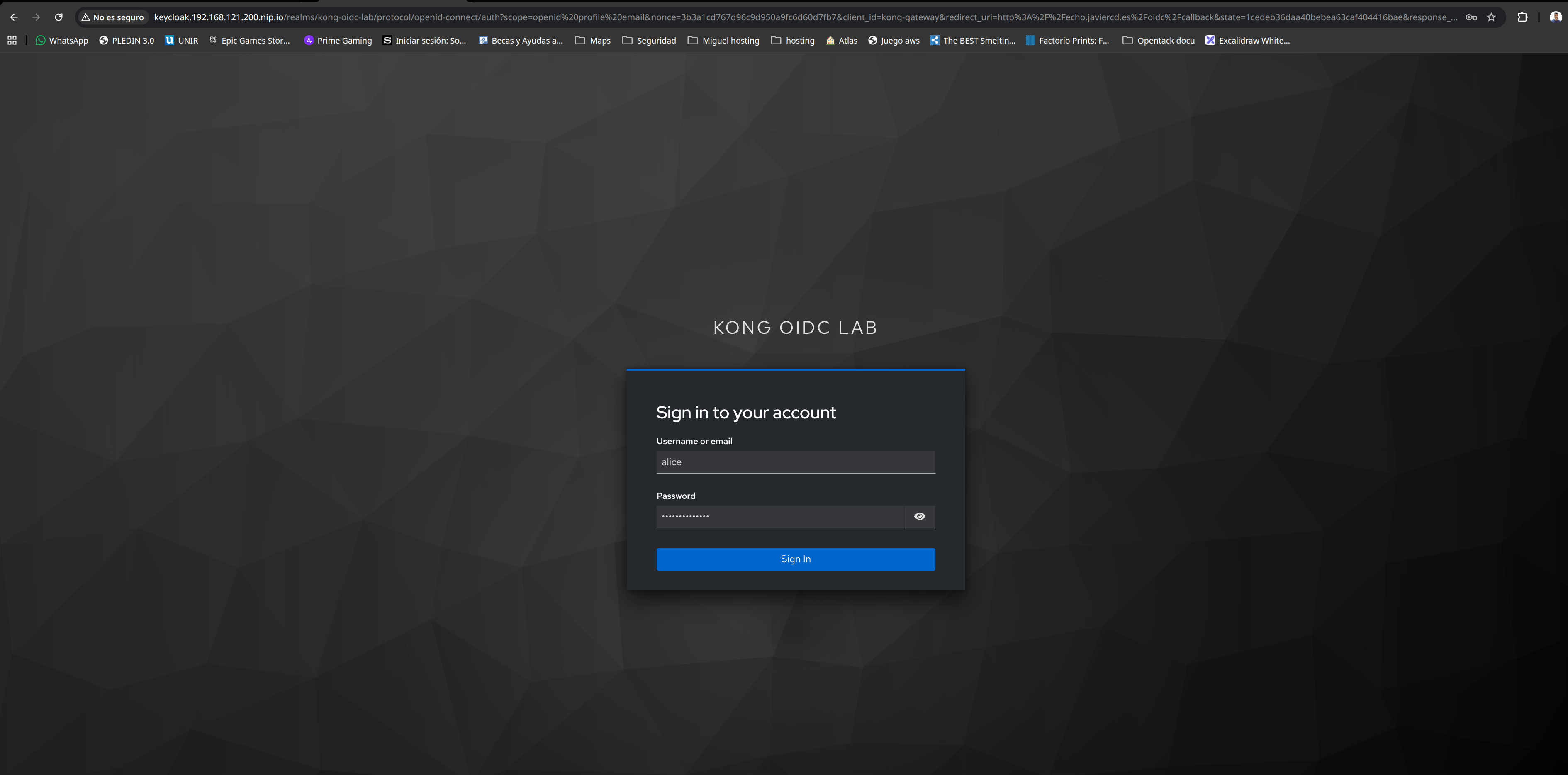 Formulario de inicio de sesión de Keycloak durante el flujo OpenID Connect